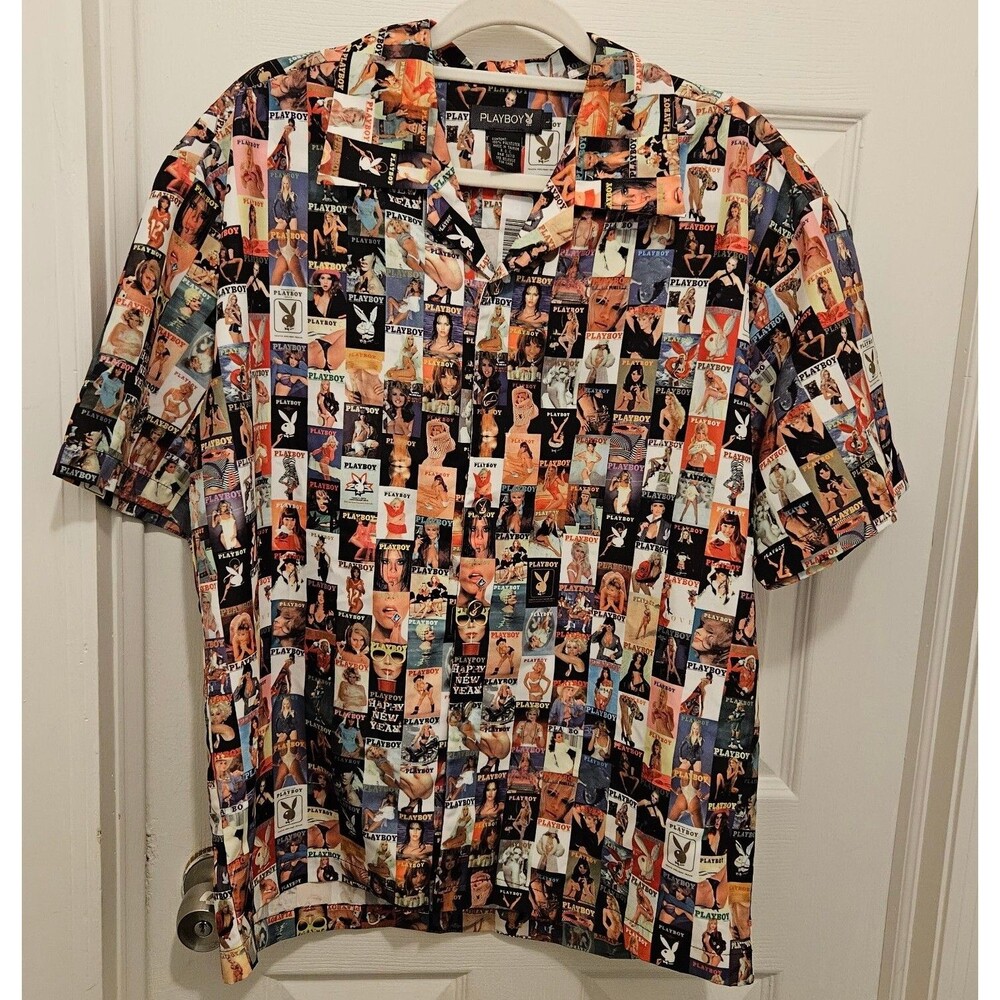 Playboy Centerfold Magazine Covers LARGE Button Up Shirt Vintage